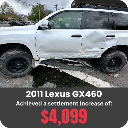 2011 Lexus GX460 with significant side collision damage near the rear passenger door.